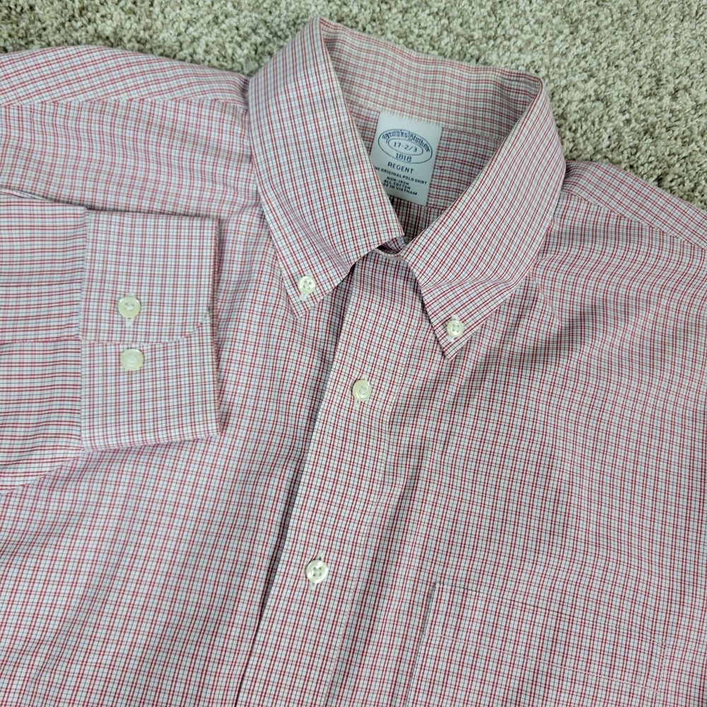 Brooks Brothers‎ Regent Mens 17-2/3 Red White Plaid Button Down Long Sleeve